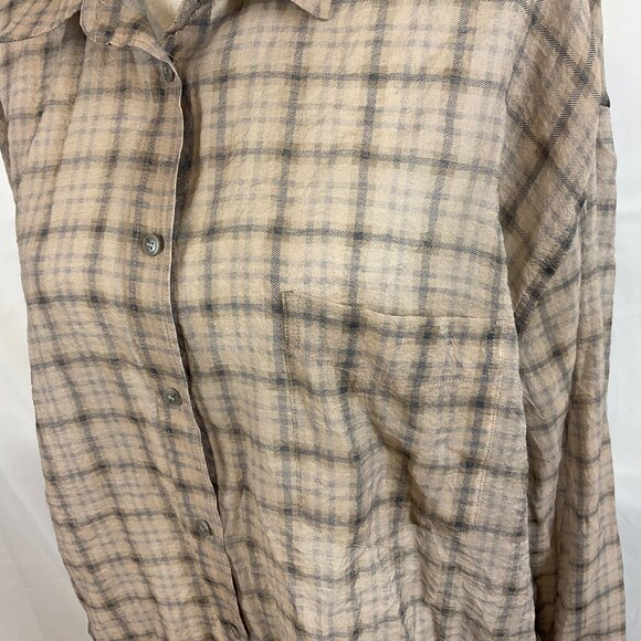 & Other Stories Blouse US 12 Beige Black Plaid Button Front Long Sleeve - Picture 5 of 12